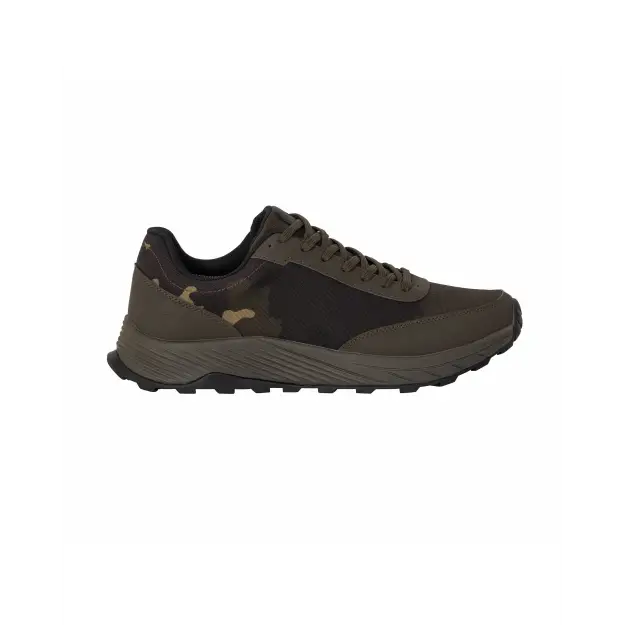Olive green and black camouflage drykore trainer trail running shoe with textured rubber sole pre order april
