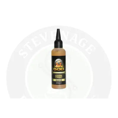 A sleek 115ml bottle of korda goo corn twist smoke bait with black cap and gold accented label for pva bags