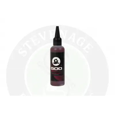 A dark purple korda goo liquid bottle with black cap and label used for smokes power smokes and pva bags