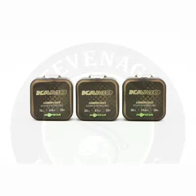 Three korda kamo 20lb 20m hooklink containers with dark camouflage coating helps catch huge carp in infamous rainbow lake