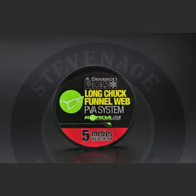 Black circular container with green and red label featuring Korda long chuck chuck funnel web hexmesh refill system