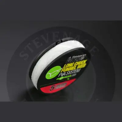 A spool of white kord a long chuck funnel web 5m hexmesh refill with a black label and green red accents