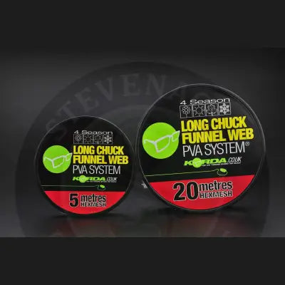Two circular spools of korda longchuck funnel web 4 season hexmesh refill fishing line in black neon green labels