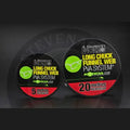 Two circular spools of korda longchuck funnel web season hexmesh refill fishing line in black with neon green and red accents