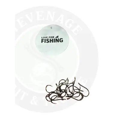 Black carp barbless hooks with a shiny metallic finish piled beneath a white sticker live for fishing barbless hooks 20pcs
