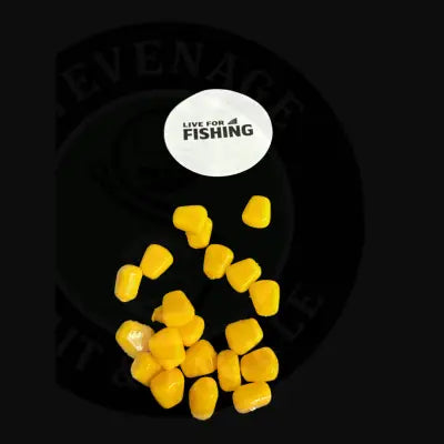 Bright yellow glossy plastic fake sweetcorn 20pcs sinking pellets with live for fishing sticker above them
