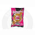 A vibrant pink and black mainline carp response pineapple and banana 15mm standard pack with golden-yellow boilies