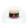 A clear plastic jar of mainline carp super buoyant pop-ups 13mm in pink white and yellow buoyant fishing bait pellets