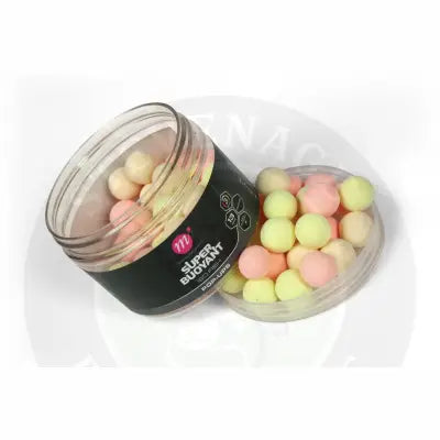 Mainline Carp super buoyant pop-ups 13mm pastel pink white and yellow boilies in clear plastic container with black label