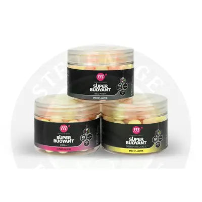 Three clear plastic containers of mainline carp super buoyant pop-ups 13mm in pink, white, and yellow with black labels