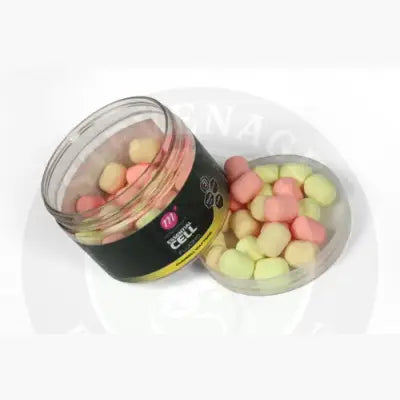 Mainline pink and yellow fluoro dumbell wafters in a clear container with black label for fishing use
