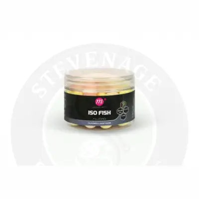 A clear plastic container with translucent pink and yellow fluoro dumbell wafters for fishing bait