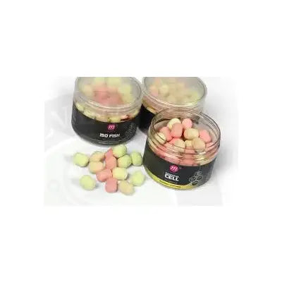 Mainline fluoro dumbell wafters in pink and yellow biodegradable pellets in clear containers with black labels