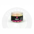 A clear plastic container of mainline mixed fluoro dumbell wafters with pink yellow and white round gummies