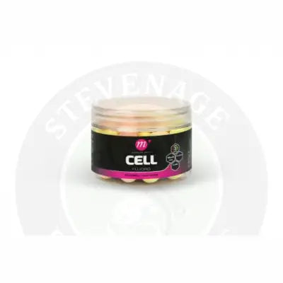 A clear plastic container of mainline mixed fluoro dumbell wafters with pink yellow and white round gummies