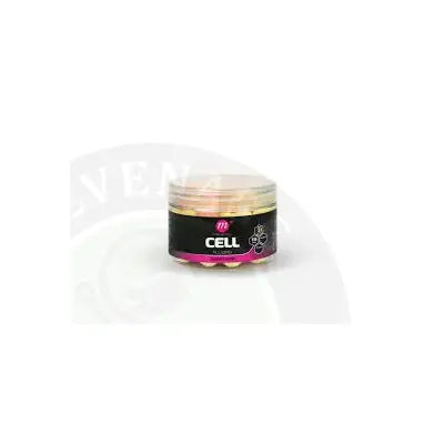 A clear plastic jar of mainline mixed fluoro wafters 15mm containing pink yellow and white colorful gummy candies