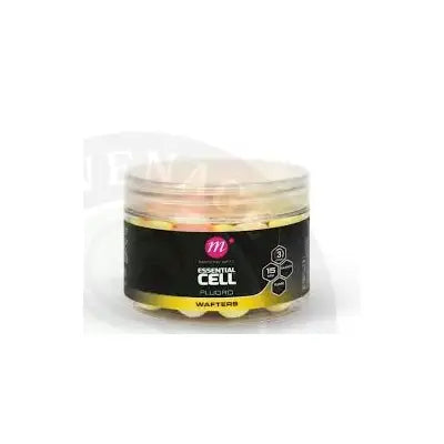 Clear plastic jar of mainline mixed fluoro wafters golden-yellow beads by m essential cell in pink yellow and white