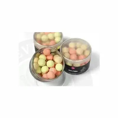 Pastel-colored pink yellow and white mainline mixed fluoro wafters fishing boilies in clear containers with black labels
