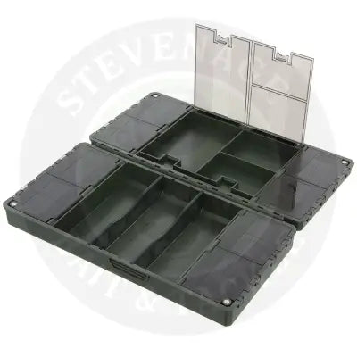 Dark green plastic ngt xt terminal multi section magnetic tackle box with hinged lid and multiple compartments