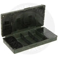Olive green plastic ngt xt terminal multi section magnetic tackle box with hinged lid and multiple compartments