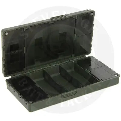 Olive green plastic ngt xt terminal multi section magnetic tackle box with hinged lid and multiple compartments