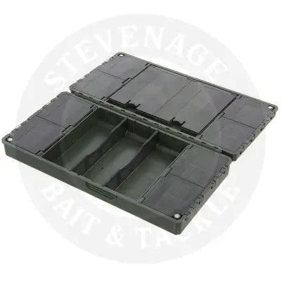 Black plastic ngt xt terminal multi section magnetic tackle box with segmented compartments and hinged lid