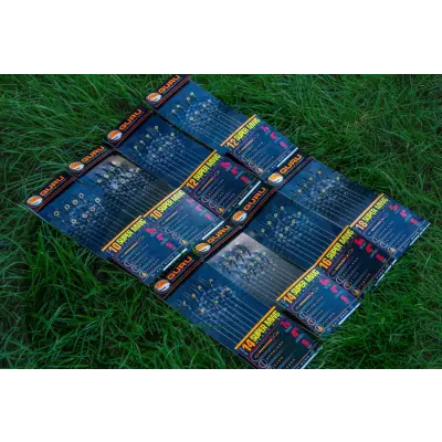 Several guru smwg bait super mung rigs in neat packaging with dark blue box in sizes 10 12 14 and 16