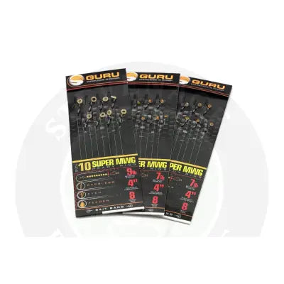 Three guru smwg bait rigs 4 inch with gold hooks and bait bands in neat packaging with black yellow sleeves and dark blue box