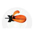 Orange plastic fish-shaped lure with black fins and tail from spyder spod delivering accuracy by stevenage bait