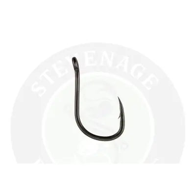 Black fishing hook with sharp curved point and sturdy eye from tackle guru a-class pole range for stevenage bait use