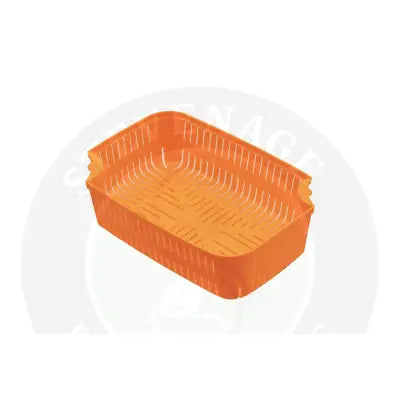 Bright orange plastic guru bait strainer with vertical slits for effective draining in a 5 pint bait strainer design