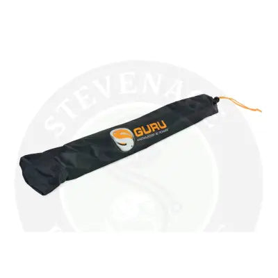 Black fabric carry bag with orange drawstring closure featuring stevenage bait logo for tackle guru bait umbrella
