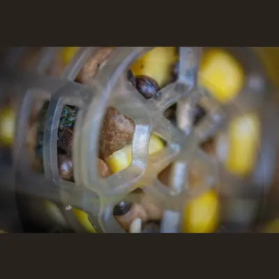 Translucent plastic bait up particle cap by Tackle Guru filled with corn, pellets, and dark snails for loose particles use