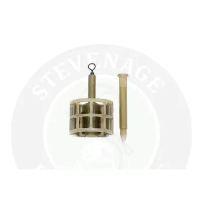 Beige plastic commercial cage feeder with grid body and hook for stevenage bait and specimen anglers use
