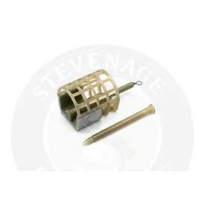 Beige plastic commercial cage feeder with metal base and matching rod tip for stevenage bait and specimen anglers