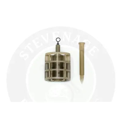 Olive-colored plastic commercial cage feeder with grid design and hook for stevenage bait and specimen anglers