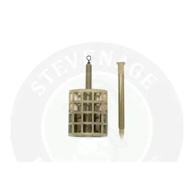 Olive green plastic commercial cage feeder with matching insert rod designed for stevenage bait and specimen anglers