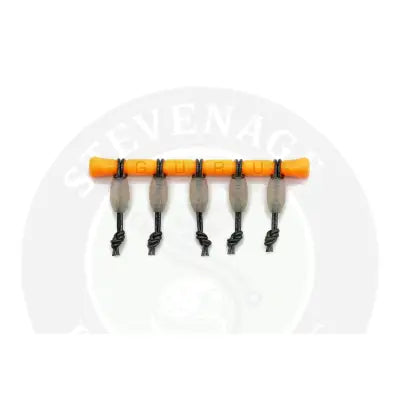 Orange and translucent elastic connector with black braided line attachments for pole rig connection by tackle guru