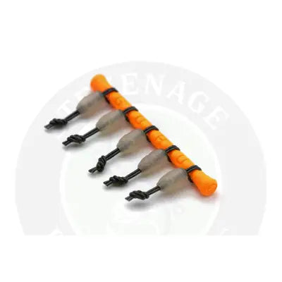 Set of five orange translucent fishing bait weights with black cords for guru elastic connector pole rig connection