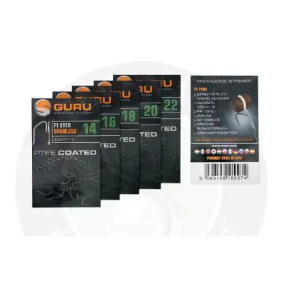 Tackle guru guru f1 eyed black and orange barbless fishing hooks ptfe coated sizes 14 to 22 from stevenage bait