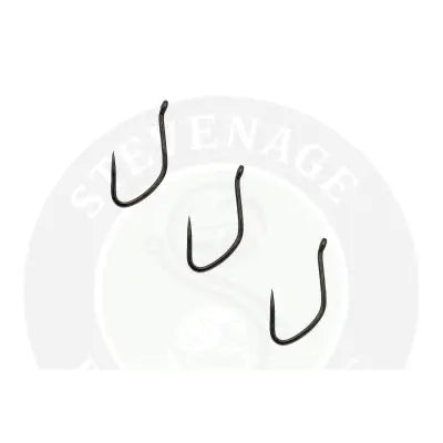 Three black fishing hooks with curved sharp points and small eyelets from tackle guru f1 eyed for stevenage bait use
