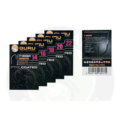 Black tackle guru f1 maggot barbless fishing hooks ptfe coated with sharp point and narrow gape for stevenage bait use