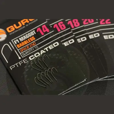 Black ptfe-coated barbless f1 maggot hooks pack of ten by tackle guru ideal for stevenage bait fishing