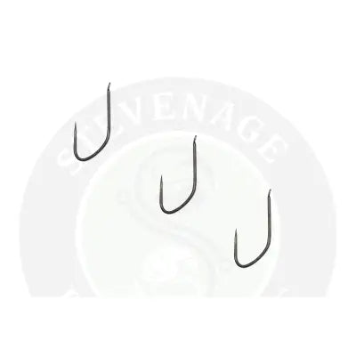 Three black metal maggot hooks with sharp points and curved shapes from tackle guru stevenage bait F1 maggot