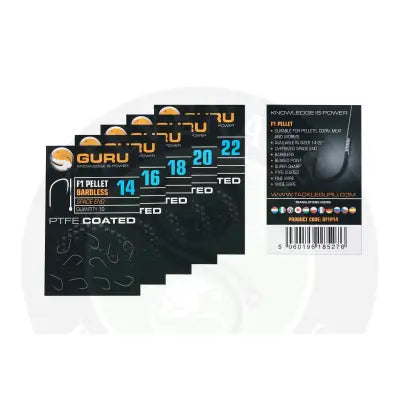 Black and orange guru f1 pellet barbless spade end hooks ptfe coated wide gap design for targeting f1 carp