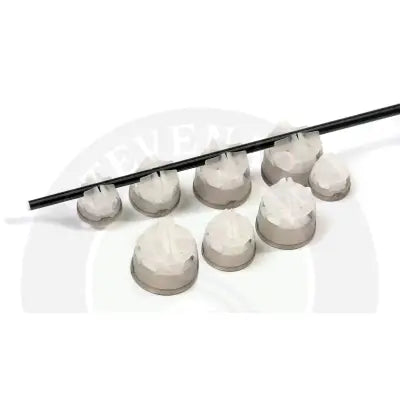 Translucent white and gray plastic bicycle spoke nipples with geometric design for shallow water release pole pots by Tackle Guru