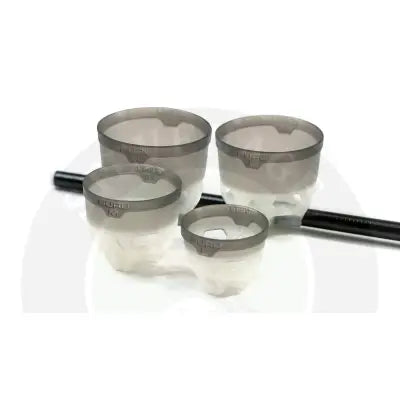 Set of four translucent gray plastic guru fast release measuring cups with embossed size markings for shallow water use