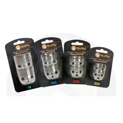 Tackle guru fast release silver metallic pole pots in black packaging sized xl large medium and small for shallow water use