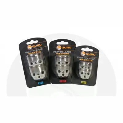 Set of three black tackle guru-fast release release pole pots with transparent cut-out patterns in large, medium, small sizes