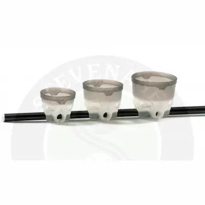Three translucent gray plastic tackle guru-fast release pole pots in small medium large clip-on sizes on black rod